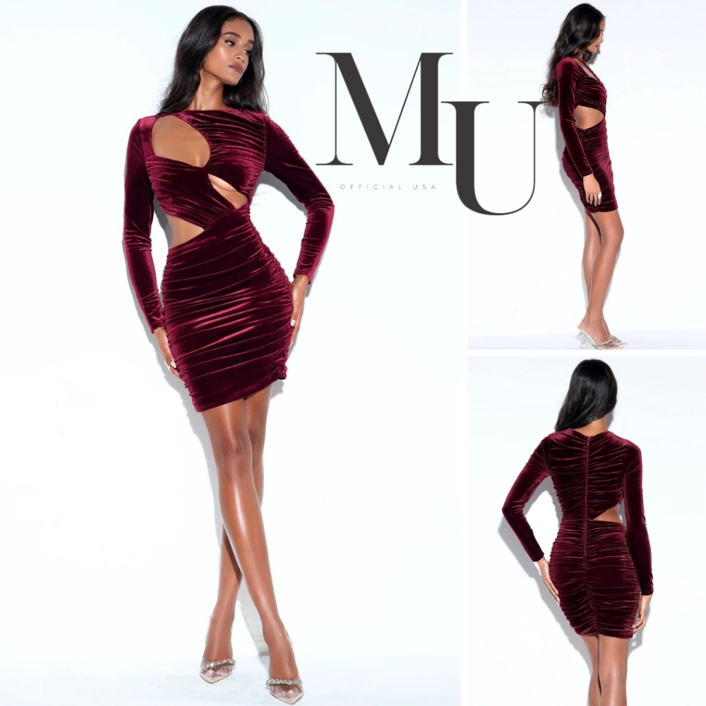 💋Nerina Burgundy Velvet Cutout Long Sleeve Dress 💋